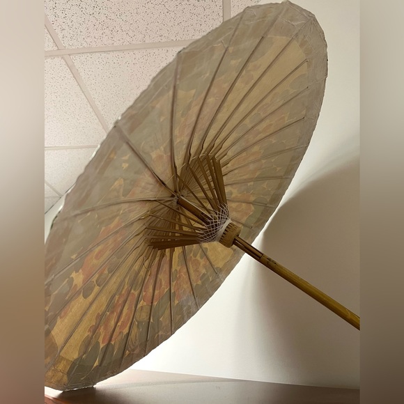 [SOLD] Vintage Hand-Painted Asian Canvas Parasol with Bamboo Handle - Picture 3 of 4